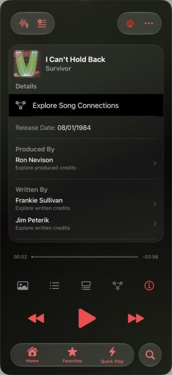 Song information for I Can’t Hold Back with producer and writer credits